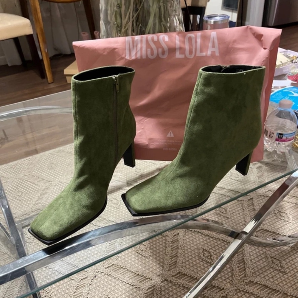 Miss Lola Olive Green Suede Square-Toe Ankle Boots with Mid Block Heel